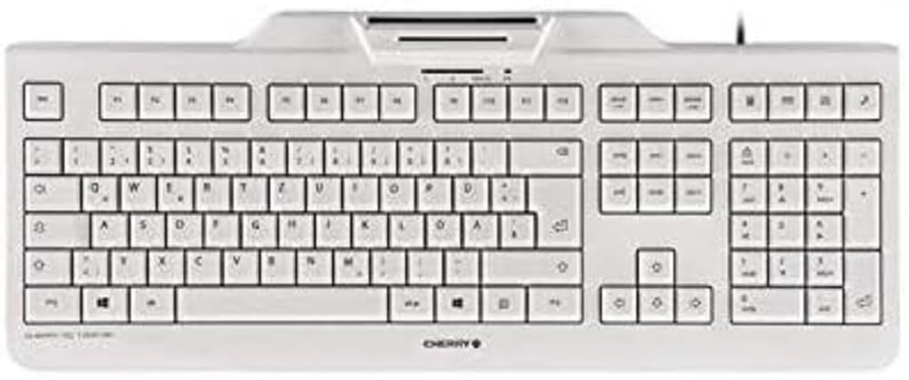 CHERRY KC 1000 SC, Wired Security Keyboard with Integrated Card Reader, US Layout (QWERTY), Plug & Play (USB-A), Flat Design, White-Grey