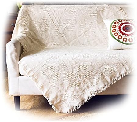 UNIGARDEN Textured Blocks Fringed Natural 2-Layer Throw,Throw Blanket, 51 X 71-Inch (Creamy-White-A, 51"X71")