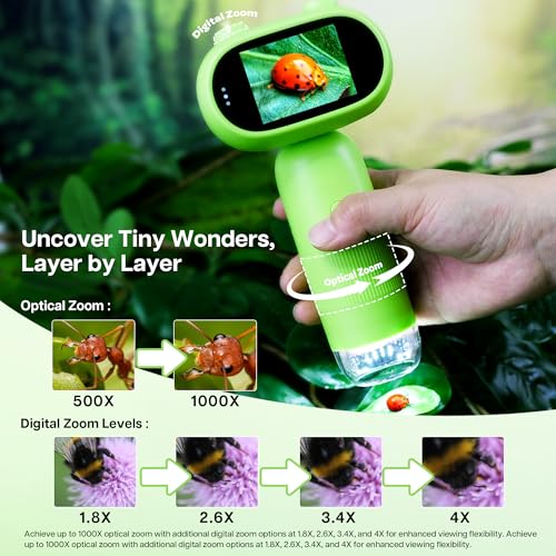 TINYLENS GreenPeek Kids Microscope, Handheld MiniScope for Kids, 2" Screen,1000x Mini Portable Pocket Digital Microscope for Kids, 16GB Card, Kids Educational Science Kit, Gift for Kids (Light Green)