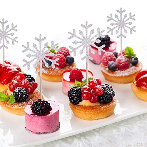 Snowflake Cupcake Topper 60 PCS Glitter Cupcake Picks Cute Cake Toppers for Christmas Party/Frozen Themed Party/Wedding Party Decorations (Silver)
