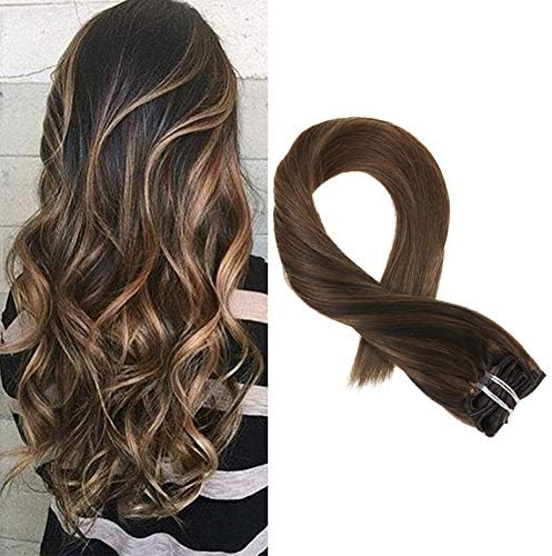 Mosoo 18" Hair Extensions Clip in Human Hair Real Hair Clip in Extensions Color Darkest Brown #2 Fading to #8 Highlighted with #8 Brown Clip in Double Weft Human Hair Extensions 7PCS 120G