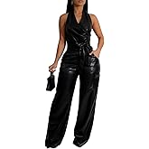 WOKANSE Womens PU Leather Stretchy 2 Piece Outfit Belted Sleeveless Halter Tops and Straight Leg Pants Set with Pocket
