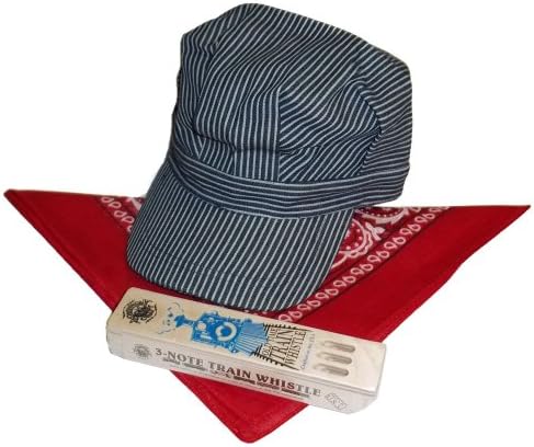 RTD Trading Super Deluxe Train Engineer Hat Costume Accessory Set w/Red Bandanna and USA Train Whistle