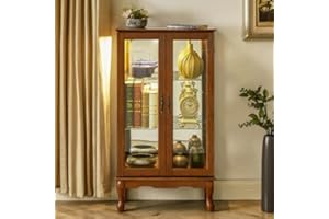 Yone jx je Curio Cabinet Lighted Curio Diapaly Cabinet with Adjustable Shelves and Mirrored Back Panel, Tempered Glass Doors (Cherry, Walnut, Oak 3 Tier), (E26 Light Bulb not Included) (Oak)