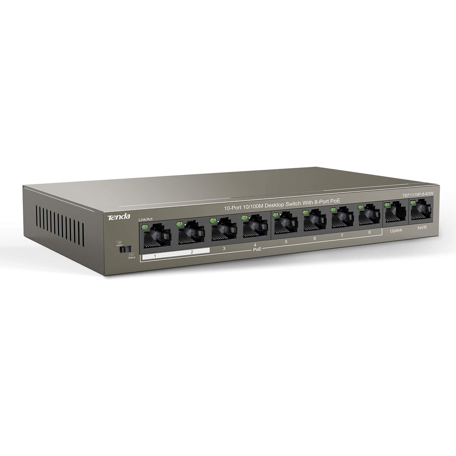 Tenda TEF1110P-8-63W PoE Switch 10-Port/100M Ethernet Network Switch, Hub, 8 PoE Ports up to 30 W for each PoE Port and 58 W for all PoE Ports, 6 kV Lightenning Protection, Plug and Play
