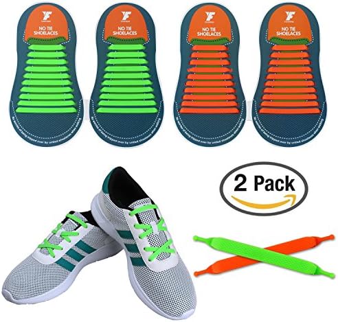 No Tie Shoelaces for Kids and Adults, YUANFENG Tieless Elastic Silicone Waterproof Flat Athletic Running Shoe Laces (Adult Size-Orange+Green)