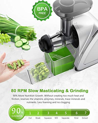 Juicer Machines, Homever Slow Masticating Juicer Extractor Easy to Clean, Cold Press Juicer for All Fruit and Vegetable,BPA-Free, Quiet Motor and Reverse Function with Juice Jug & Brush, Silver