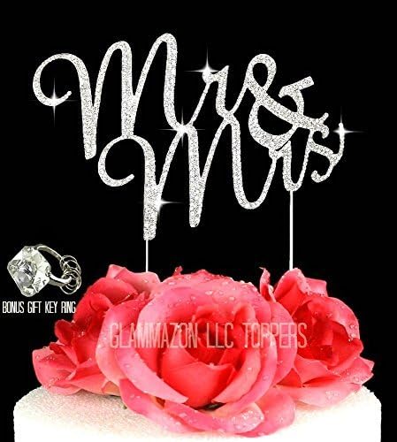 Glammazing LLC Mr & Mrs Silver Wedding Cake Topper ornament in Crystal Rhinestones Script Font Wedding Decoration Rustic Wedding Cake Topper Bonus Gift Bling Key Chain