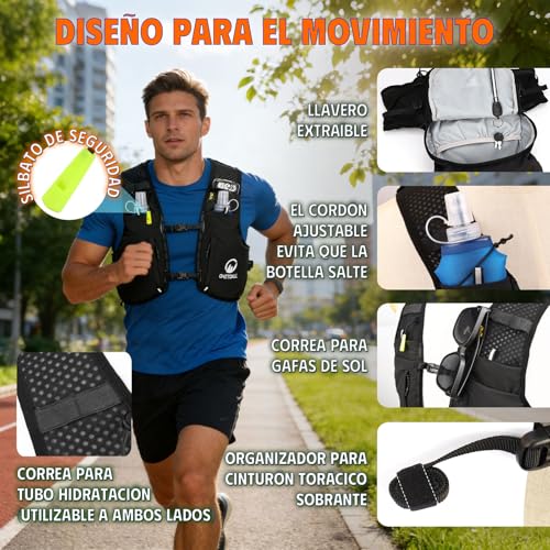 ONETOALL Men's Women's Running Vest with 2 Bottles 500 ml and Rechargeable LED Light, Hydration Trail Running Vest, Hydration Backpack Running Vest for Running, Hiking, Mountain