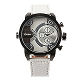 OULM Men's Daddies Casual Quartz Wrist Watch White Leather Strap Japan Movement Military Style 2 Time Zone Sub Dial + Gift Box