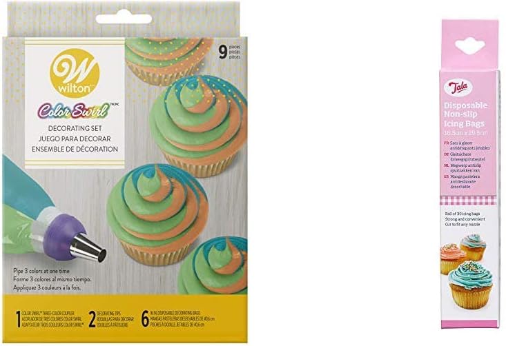 Wilton Colour Swirl Piping Set, 3-Colour Piping Bag Coupler, 9 Piece Cake Decorating Kit & Tala Disposable Non-Slip Icing Bags
