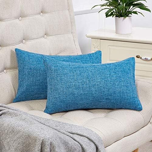 Anickal Set of 2 Blue Lumbar Pillow Covers Cotton Linen Decorative Throw Pillow Covers 12x20 Inch for Sofa Couch Decoration
