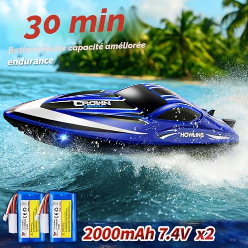 35km/h Waterproof 2.4GHz RC Boat with LED and Flip Function, Water Cooled, Dual Battery, Range and Battery Alarm, Ideal for Kids and Adults, Swimming Pool and Lake