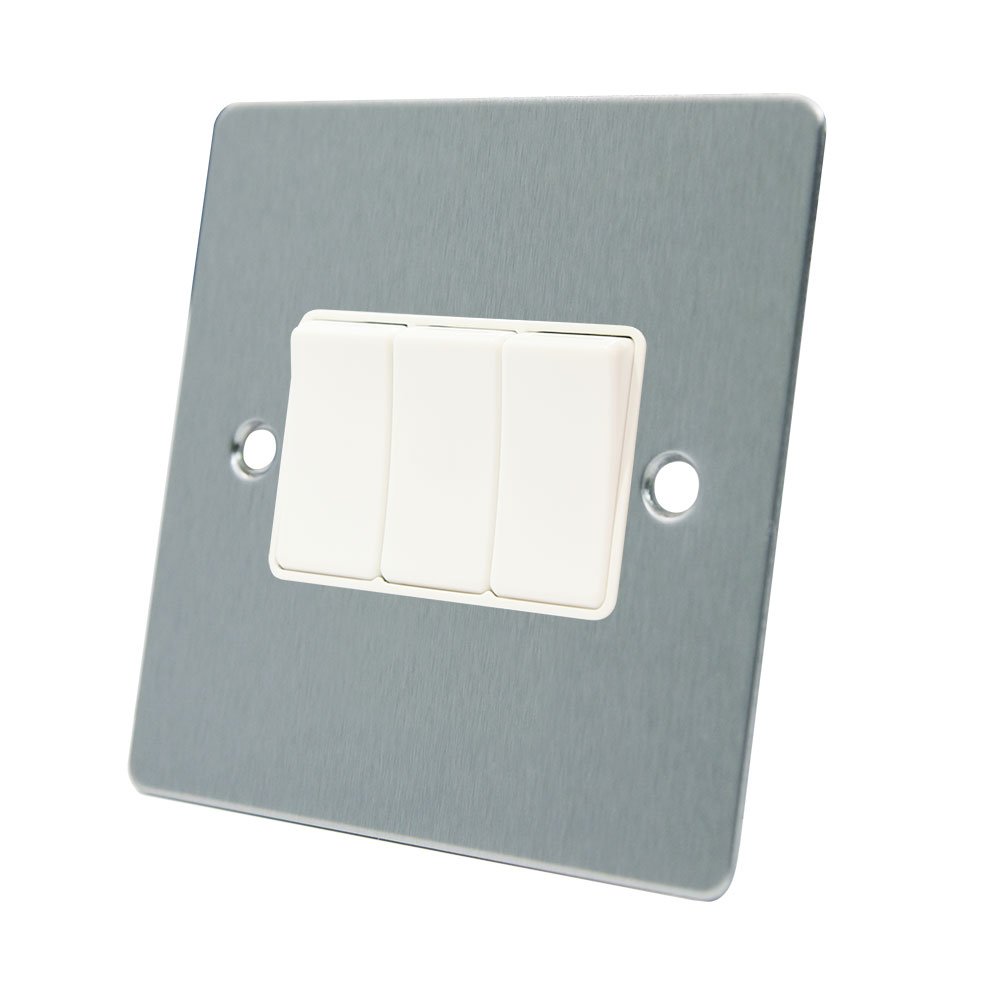 AET FSC3GSWIWH Satin Chrome Flat White Insert Plastic Rocker Switches-10 Amp Triple 3-Gang 2 Way Light Switch, 240 V