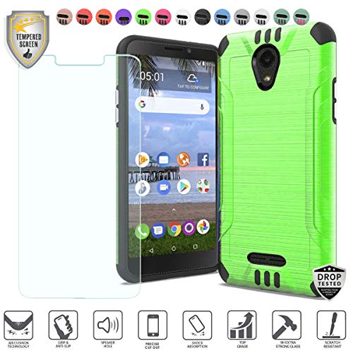 MyFavCell Compatible for Alcatel Insight Case, Alcatel TCL A1 4G Case 5" A501DL Case, with [Tempered Glass Screen Protector], Premium Metallic Brushed Hybrid [Shock Proof] Cover Case (Neon Green)
