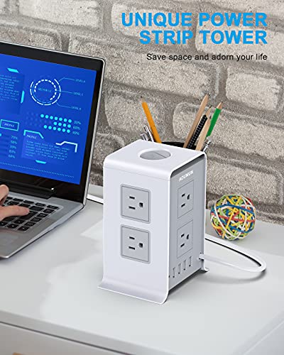 Surge Protector Power Strip Tower, 10FT/3M Extension Cord, Power Strip Surge Protector with 8 AC Outlets & 4 USB Ports, 1600W Overload Protection, Short Circuit Protection. (Grey Version)