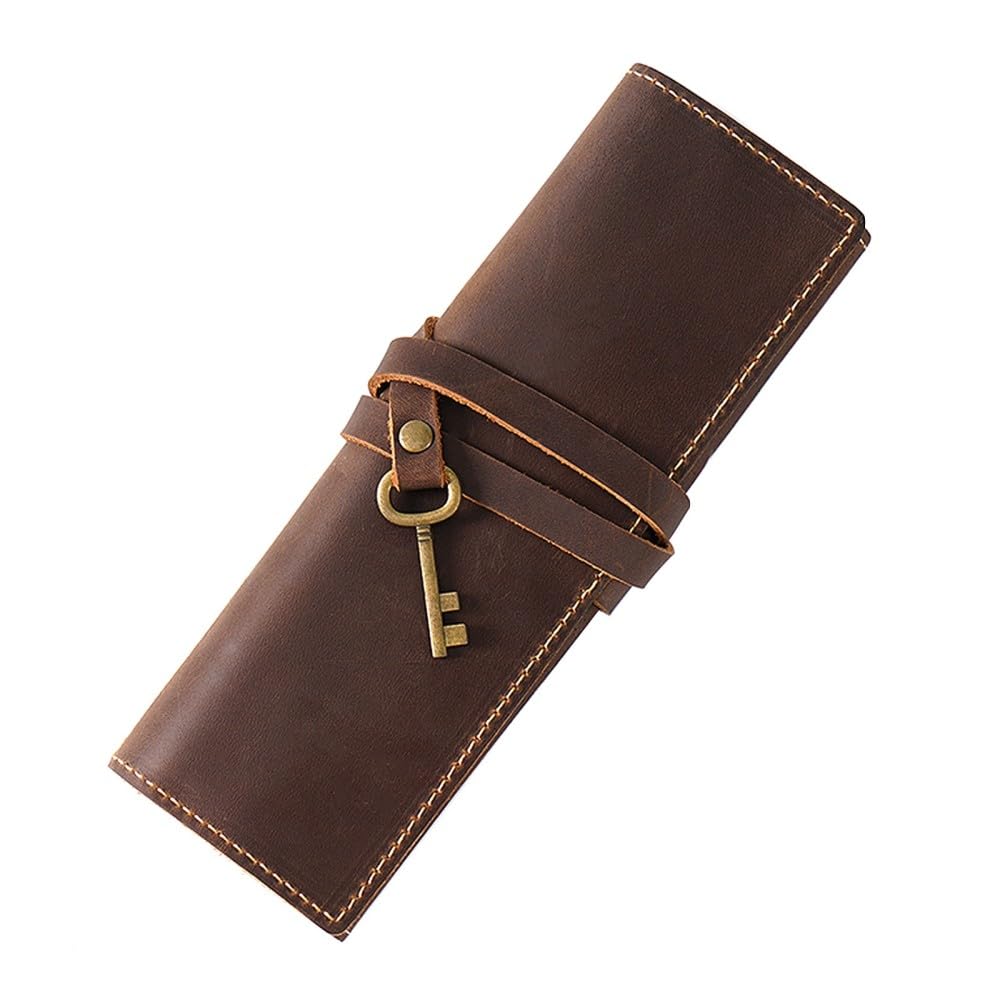 DONGKER Leather Pen Bag,Roll-Up Leather Wrap Pen Pouch, Foldable Pencil Roll Organizer for Student Artist Drawing Coloring