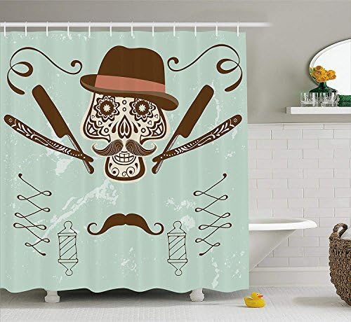 MLNHY Hipster Shower Curtain by, Skull with Hat and Mustache Illustration Retro Style Barber Tools Print, Fabric Bathroom Decor Set with Hooks, Brown and Almond Green,66 X 72 Inches,Multicolor