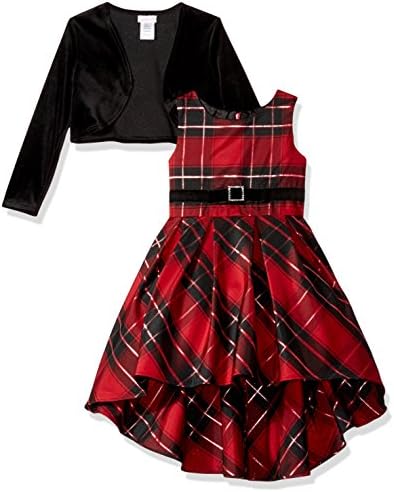 Youngland Little Girls' Long Sleeve Velour Bodice Taffeta Plaid Dress, Red/Black, 5