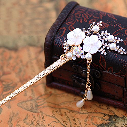 Happy Hours - Crystal Rhinestone Bead Hair Clasp For Women and Teen Girl / Natural Shell Alloy Flower Design Hair Pins Stick With Dangle Tassel Pendant(Style 1) - Thumbnail 2