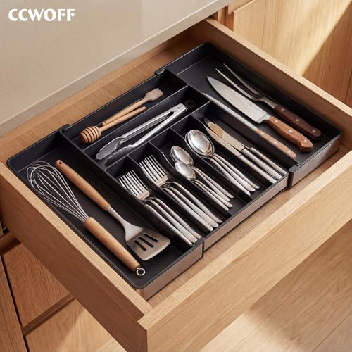 Extra Large Silverware Organizer, 9 Slot Expandable Kitchen Drawer Organizer, Utensil Holder, Heavy Duty Stainless Steel Frame Silverware Drawer Organizer, 8 Non-Slip Feet Included, BPA Free, Black