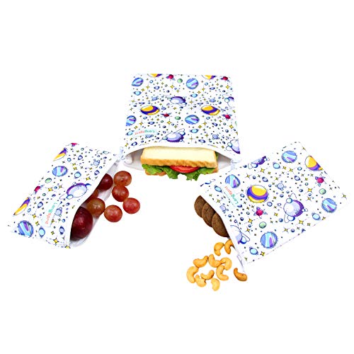 Langsprit Premium Reusable Sandwich & Snack Bags- Eco Friendly Dishwasher Safe Lunch Bags - Set of 3 - (Planet)