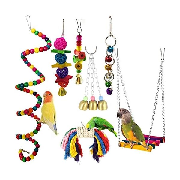 LOOEST-Giocattoli-Pappagallo-Uccello-Pappagallo-Giocattoli-Hanging-Campana-Pet-Bird-Cage-Amaca-Swing-Salire-Le-Scale-di-Legno-del-Giocattolo-Giocattolo-da-Masticare-Specchio-Perch-Color-7piece LOOEST Giocattoli Pappagallo Uccello, Pappagallo Giocattoli, Hanging Campana Pet Bird Cage Amaca Swing Salire Le Scale…