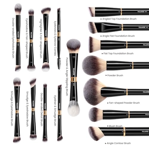 MAANGE Makeup Brushes 16Pcs Professional Foundation Powder Blush Contour Eyeshadows Double-End Makeup Brush Set with Pouch and Gift Box-Black