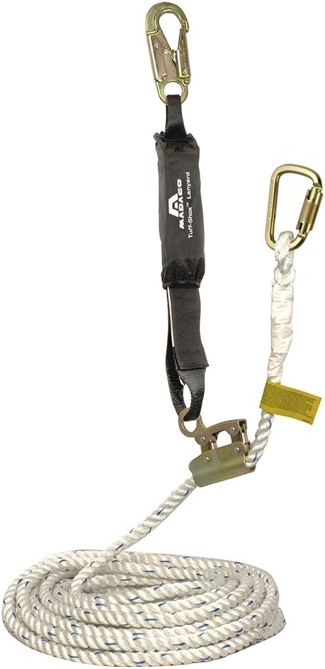 Madaco Safety Roof Construction Fall Protection Heavy Duty Industrial Safety 30FT 3-Strand Polypropylene Rope Internal Shock Absorbing Pack Snap Hook Grab Kit