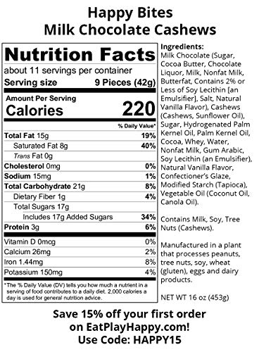 Happy Bites Milk Chocolate Covered Cashews - Pure Milk Chocolate - Resealable Pouch Bag (1 Pound) - Thumbnail 2