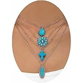 WCRAZYE Western Necklaces for Women Cowgirl Cowboy Pendant Necklace Vintage Multi Layered Chain Turquoise Stone Flower Cross Pendant Necklace Boho Turquoise Necklace Jewelry