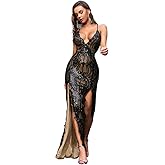 Women's Deep-V Neck High Split Sequin Evening Dresses Backless Formal Party Maxi Dress Gown