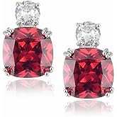 [RIZILIA CLASSIC] Stud Pierced Earrings with Cushion Cut Gemstones CZ [Red Garnet] in 18K White Gold Plated, Simple Modern Elegant