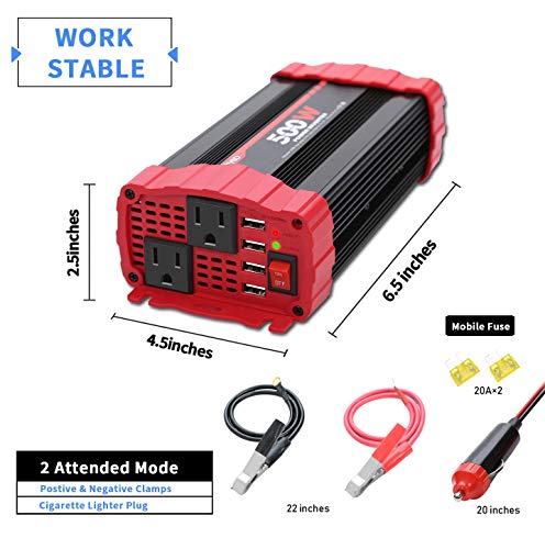 BYGD 500W Car Power Inverter DC 12V to 110V AC Converter 2 Outlets with 4 x 3.1A USB Ports - Thumbnail 2
