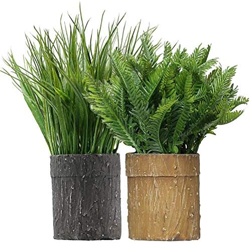 Mixrose Artificial Fern Plants in Pot Faux Fake Shrubs Bush 11" Height in Handmade Textured Paper Pot Greenery Grass Indoor Home and Bathroom Decor 2 Packs