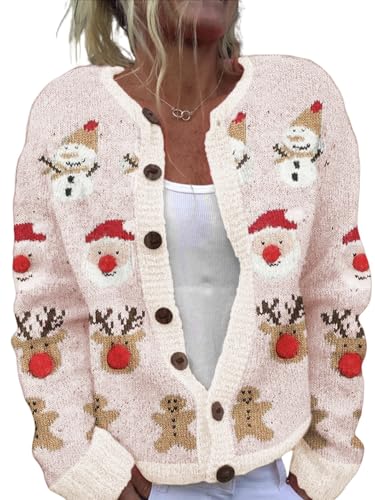 Women's Funny Fall Winter Long Sleeve Christmas Tree Elk Santa Claus Xmas Button Knit Cardigan Sweater Vintage Knitted Outerwear(Christmas-Winter,L) at Amazon