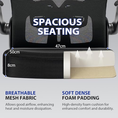 Durrafy Ergonomic Office Chair, Mesh Desk Chair with Adjustable Lumbar Support & Flip-Up Arms, Height Adjustable Swivel for Home Office, Mid Back with Castors, Black