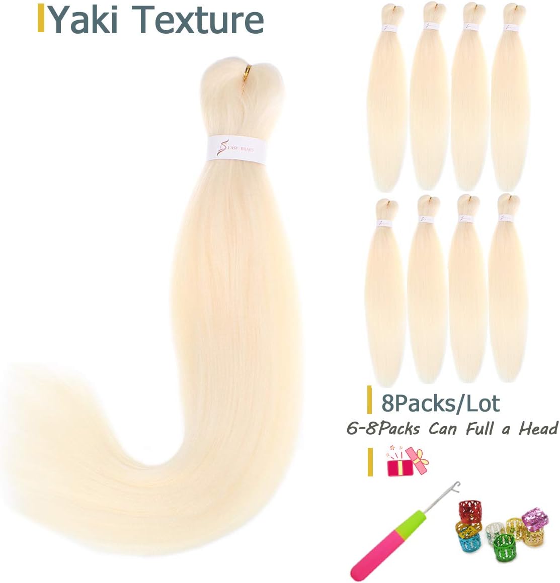 Leeven 26'' Pre Stretched Braiding Hair Extension 8 Packs Yaki Straight EZ Braids Natural Blonde Low Temperature Synthetic Hair Fibers for Braiding /26 Inch 613# - Image 3