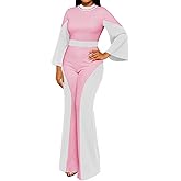 WXN Two Piece Sets for Women Going Out Long Flared Sleeve Colorblock Crop Top Wide Pants Set Brunch Outfits