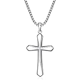 Rnivida Men's 925 Sterling Silver Cross Necklace with Beveled Edge - 3MM Stainless Steel Box Chain