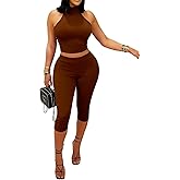 ENOPINK 2 Piece Outfits for Women Sexy Backless Halter Bodycon Capri Pants Sets Sleeveless Tank Crop Top Casual Tracksuit