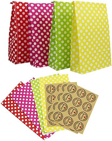 BLORETEN Kraft Paper Bags 24Pcs Paper Party Gift Bags with Polka Dot and Sealing Sticker 8.4x4.7x1.9Inch Wedding Favor Bags for Lunch Grocery Candy(Red,Pink,Yellow,Green)