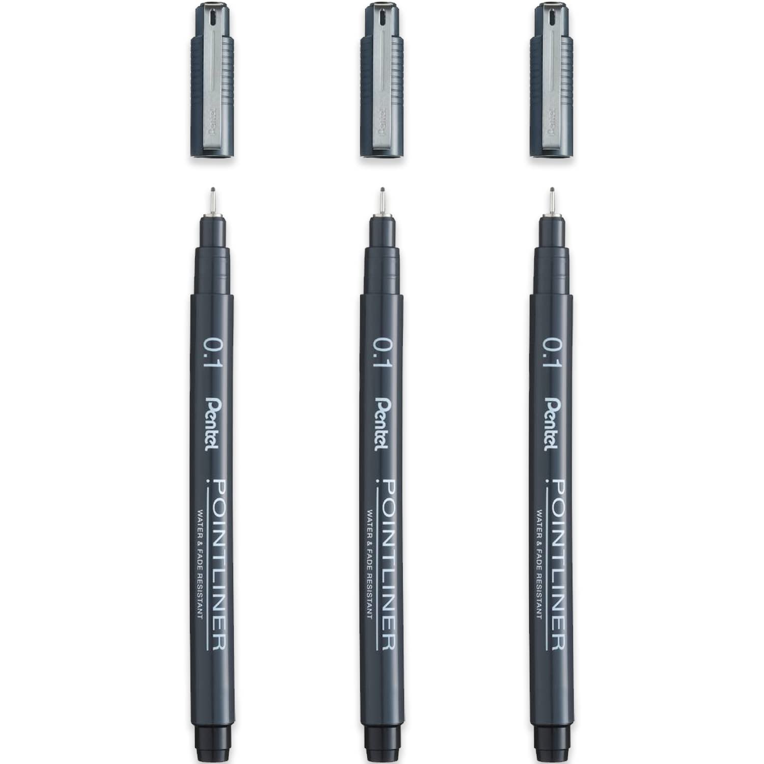 Pentel S20P Pointliner Pigment Liner Technical Drawing Fineliner Pen - 0.1mm - Black Ink - Pack of 3