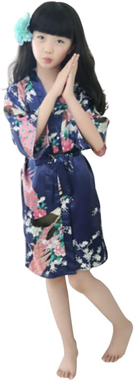 UHBGT Girls Silk Satin Blossoms Kimono Robes children Sleepwear Kids Bathrobe Gift For Spa Party Birthday Dark Blue S