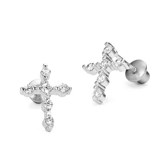 925 Sterling Silver Rhodium Plated Cross Cubic Zirconia Screwback Baby Girls