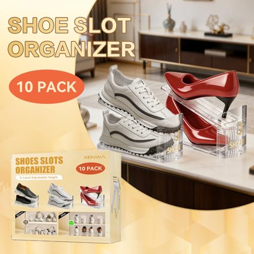 XENWA 10 Pack Shoes Organizer for Closet, Adjustable Highth Shoe Slot for Pair of Shoes, 50% Space Saver Double Layer Shoe Stacker, Stability Clear Display Shelf Rack Holder for Inside Closet Storage