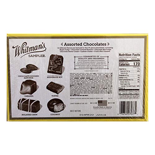 Whitman's (1) Box Assorted Chocolates Sampler - 19 Piece assortment featuring 12 Different Flavors - Holiday/Christmas Candy - Net Wt. 8 oz