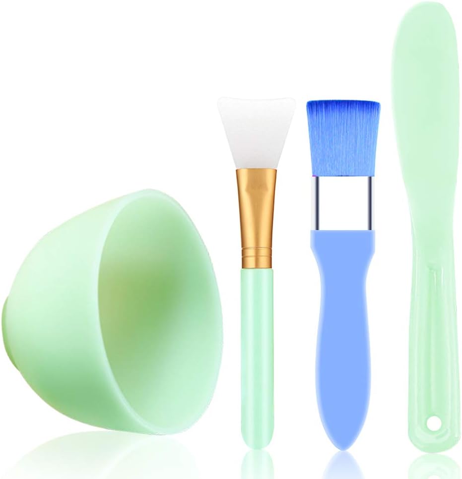 Face Mask Mixing Bowl Set 4 in 1 DIY Facial Mask Mixing Tool Kit Silicone Facemask Bowl Face Mask Brush Mud Mask Applicator Stick Spatula for DIY Mask, Clay, Mud, Modeling Mask (Green pack of 4)