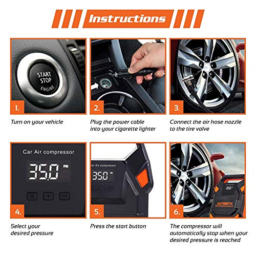 Autobots Portable Air Compressor Pump | 2020 Model 12v Tire Inflator With Digital Pressure Gauge | Perfect For Automobiles, Car & Bike Tires | Includes Hose & Accessories - Thumbnail 7