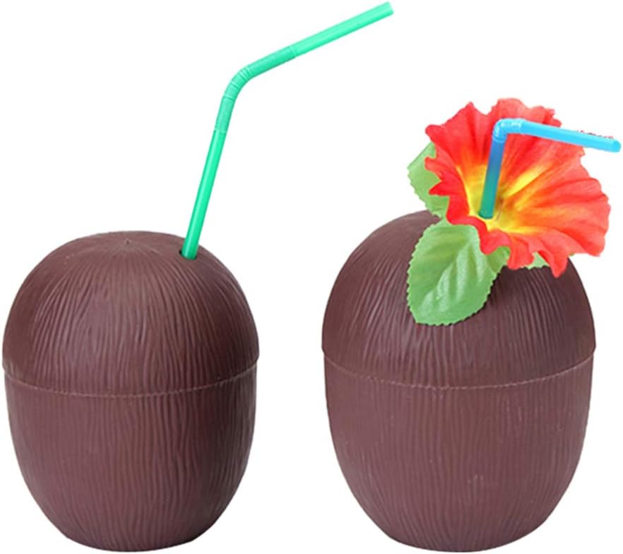 Amosfun 2PCS Hawaiian Luau Coconut Cups with Hibiscus Flower Straws